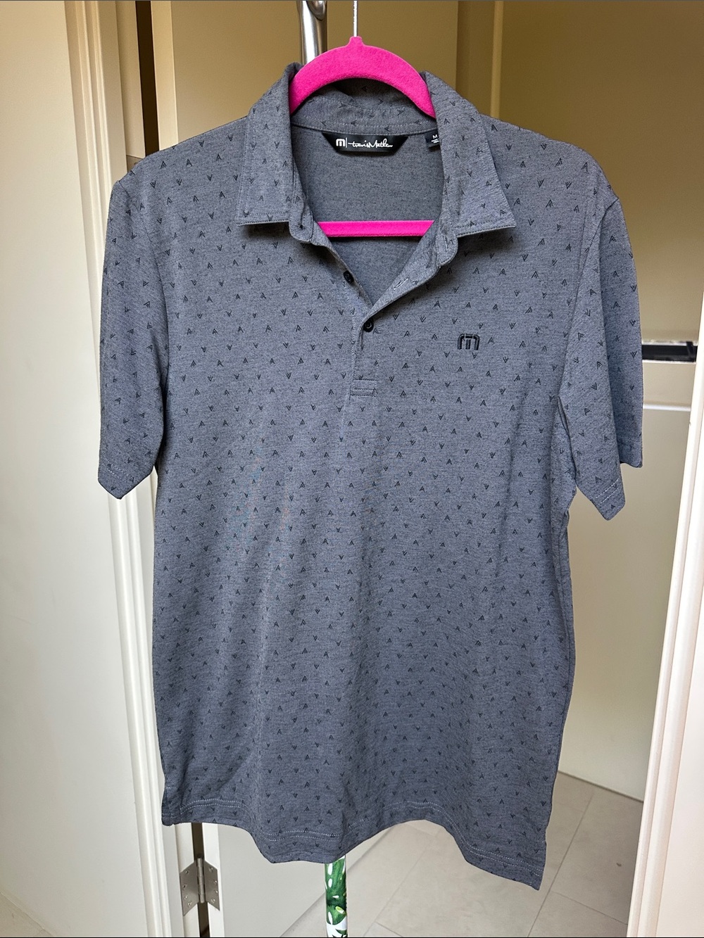 Travis Mathew Men's Charcoal Grey Polo with Micro Triangle Print
